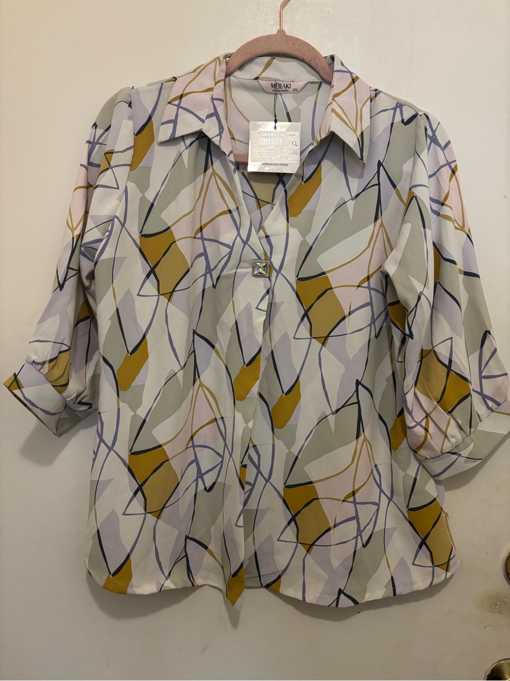 MERAKI Abstract Print Blouse Size 2XL | Roll Tab Sleeve Button Front Top
